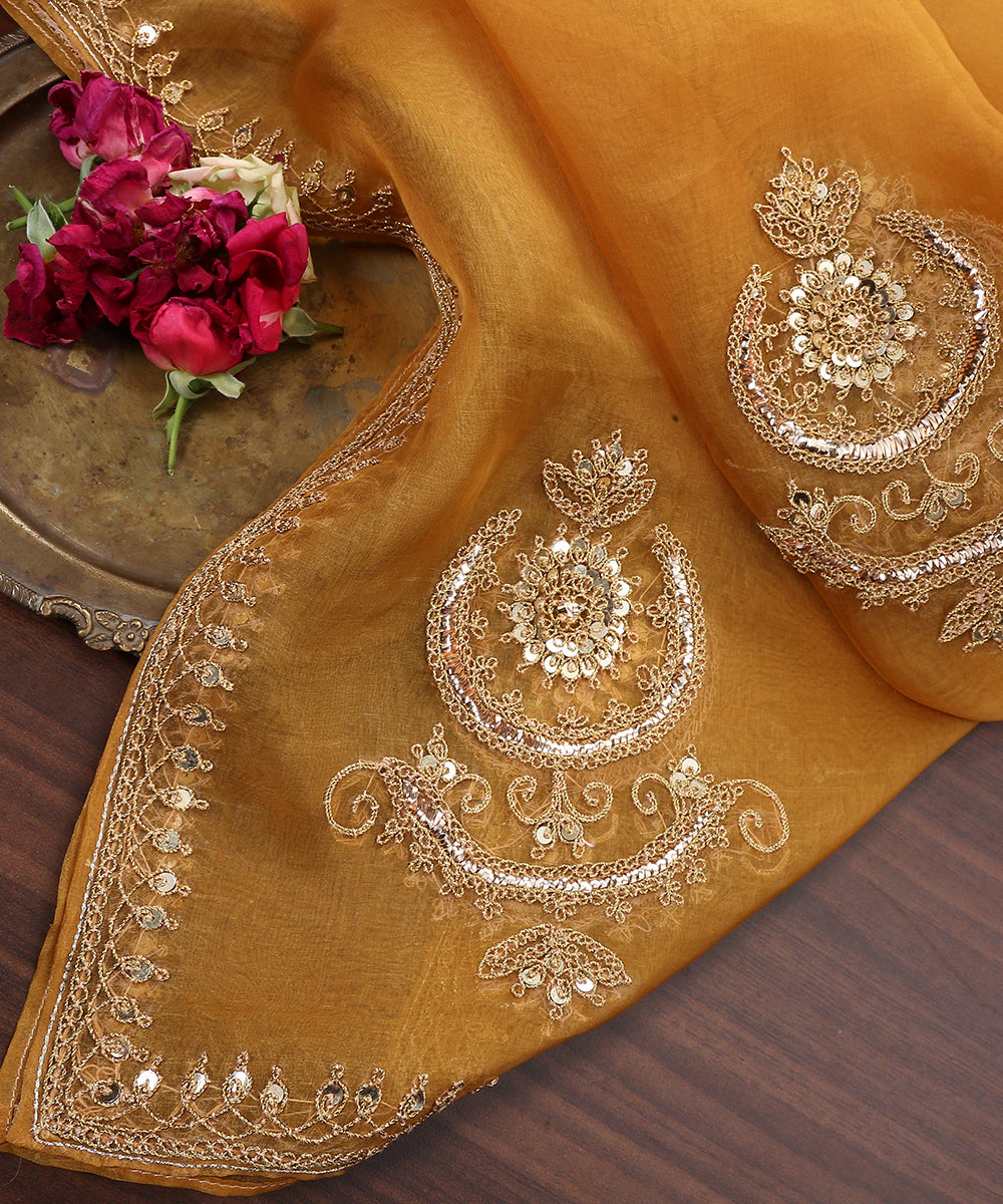 Mustard_Handloom_Pure_Organza_Dupatta_With_Hand_Embroidered_Mukaish_And_Dori_Motif_WeaverStory_01
