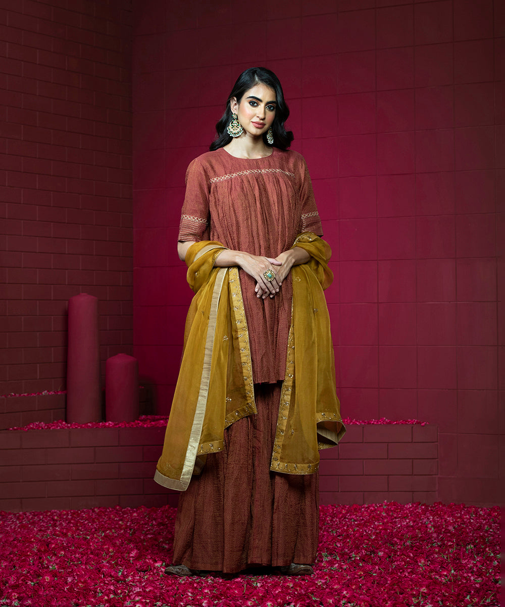 Handloom_Maroon_Embroidered_Tissue_Chanderi_Kurti_with_Gharara_and_Organza_Dupatta_WeaverStory_02