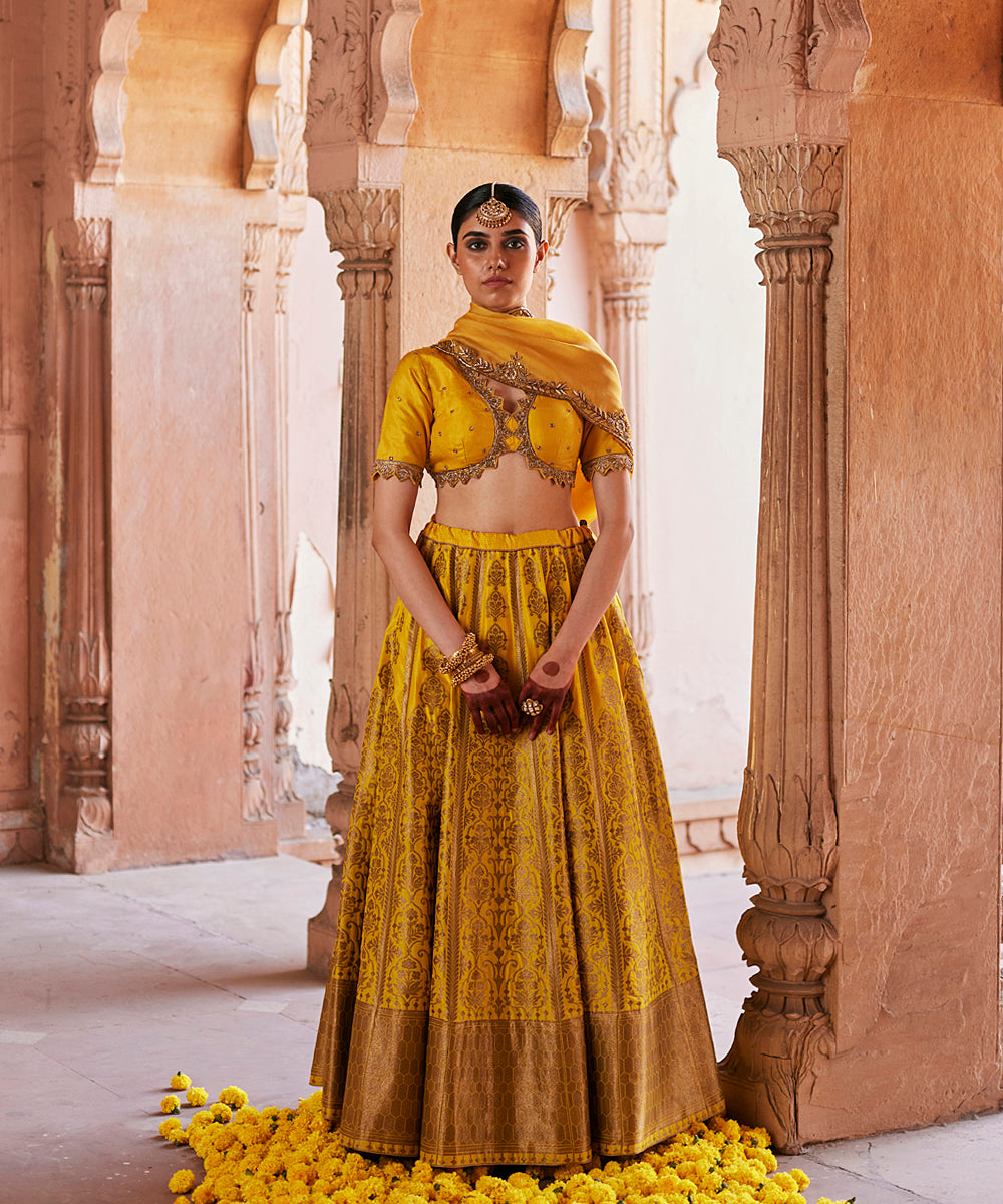 Yellow_Pure_Katan_Silk_Brocade_Banarasi_Lehenga_With_Embroidered_Blouse_And_Dupatta_WeaverStory_01