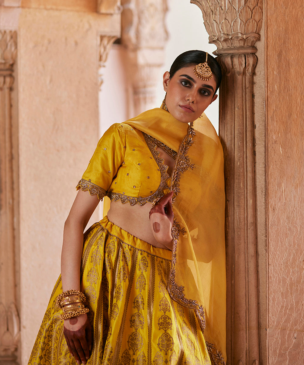 Yellow_Pure_Katan_Silk_Brocade_Banarasi_Lehenga_With_Embroidered_Blouse_And_Dupatta_WeaverStory_02