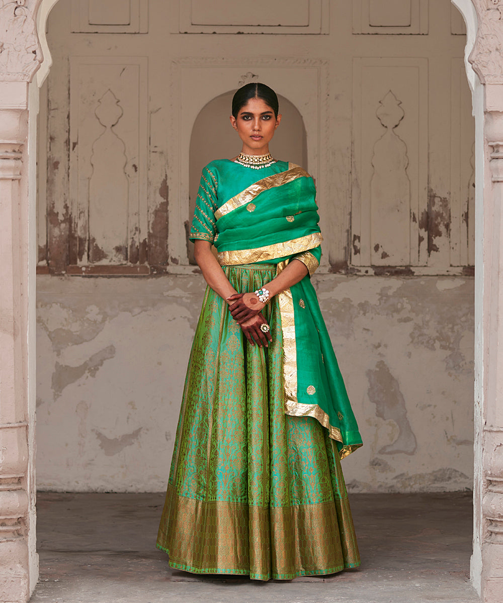 Green_Pure_Katan_Silk_Brocade_Banarasi_Lehenga_With_Embroidered_Blouse_And_Dupatta_WeaverStory_01