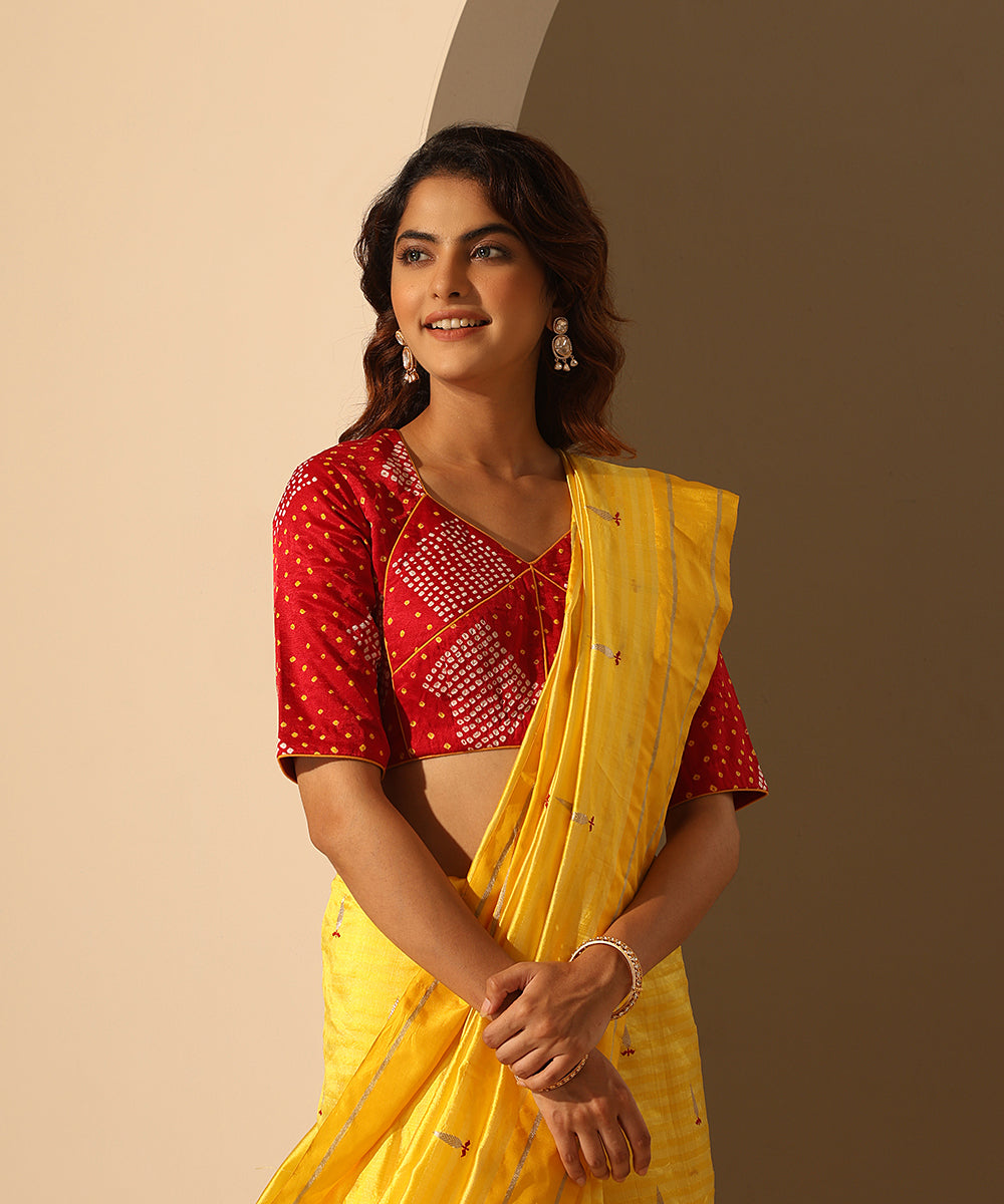 Red_Bandhani_Gajji_Silk_Blouse_With_Ochre_Round_Pipe_Detailing_WeaverStory_01