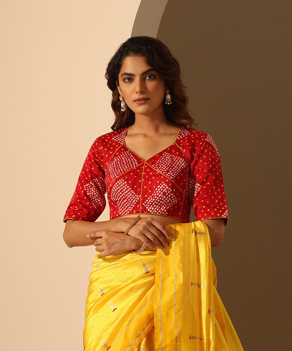 Red_Bandhani_Gajji_Silk_Blouse_With_Ochre_Round_Pipe_Detailing_WeaverStory_02