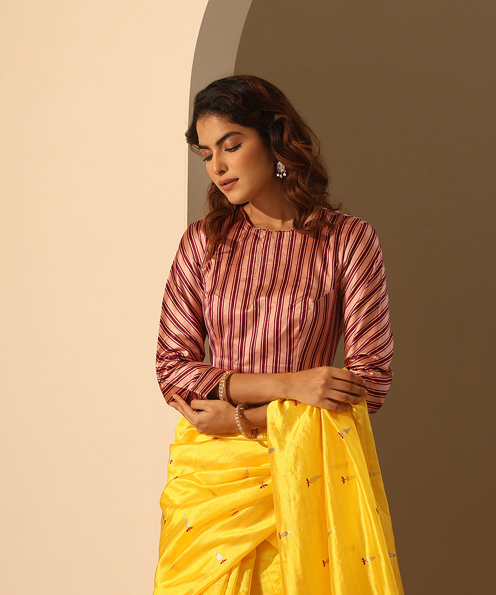 Peach_Mushroo_Silk_Striped_Blouse_With_Keyhole_Closure_WeaverStory_02