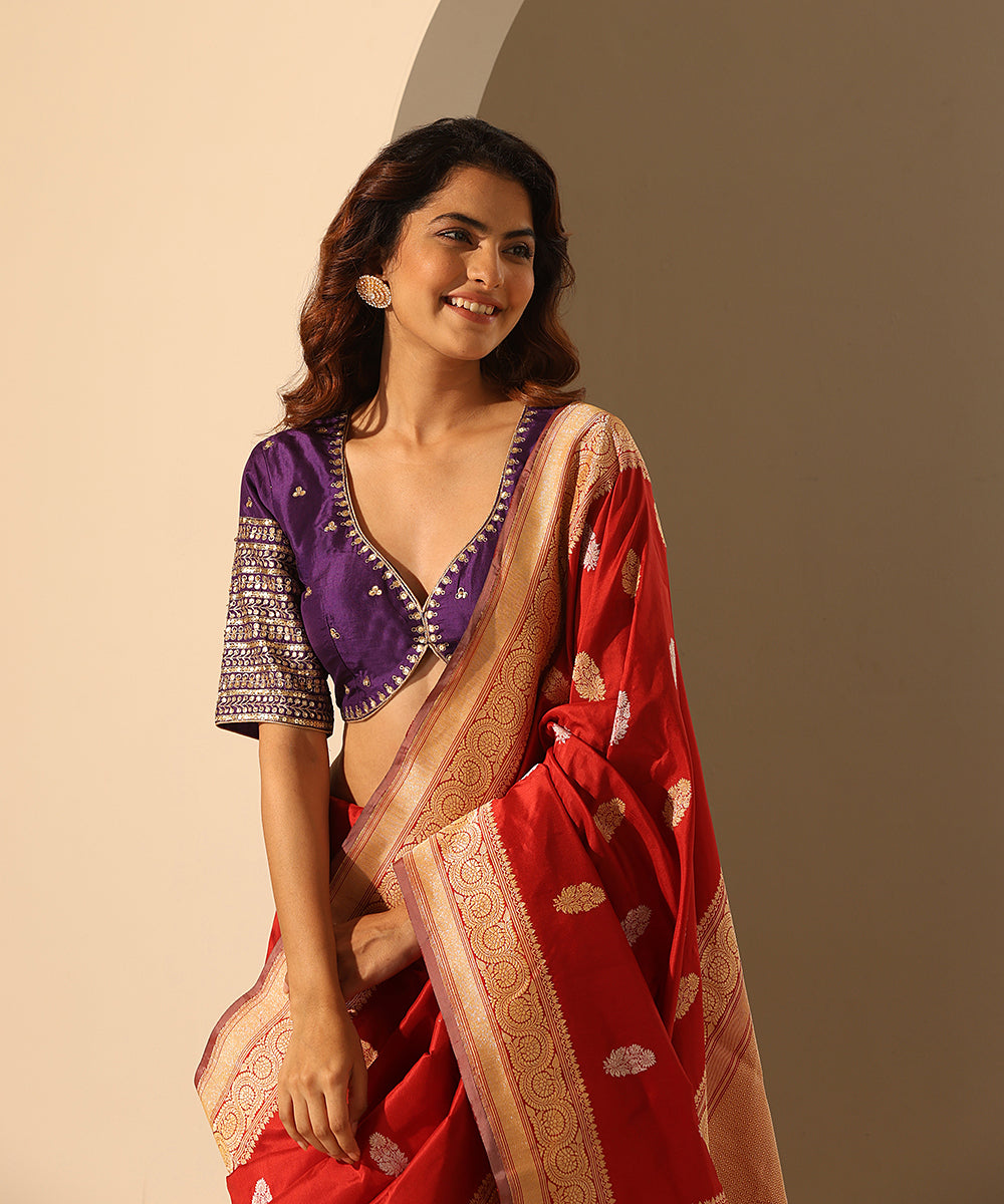 Hand_Embroidered_Purple_Raw_Silk_Blouse_With_Sweetheart_Neckline_WeaverStory_01