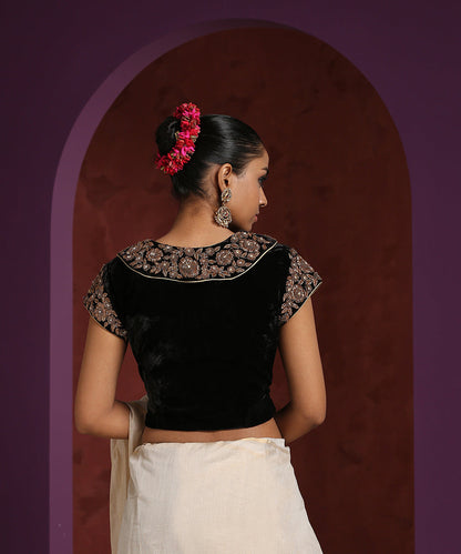 Hand_Embroidered_Black_Velvet_Blouse_With_Shawl_Collar_WeaverStory_03