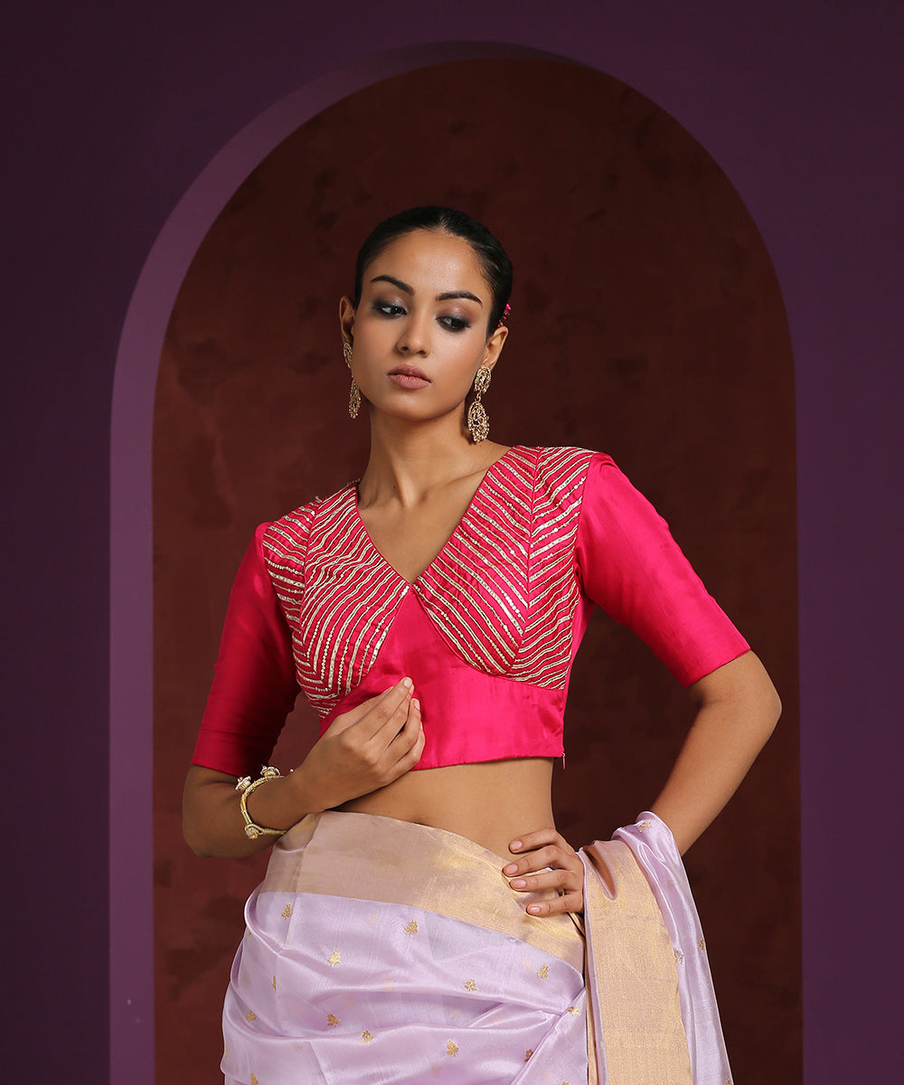 Handcrafted_Hot_Pink_Pure_Silk_Blouse_With_Gota_Patti_And_Zardozi_Work._WeaverStory_01