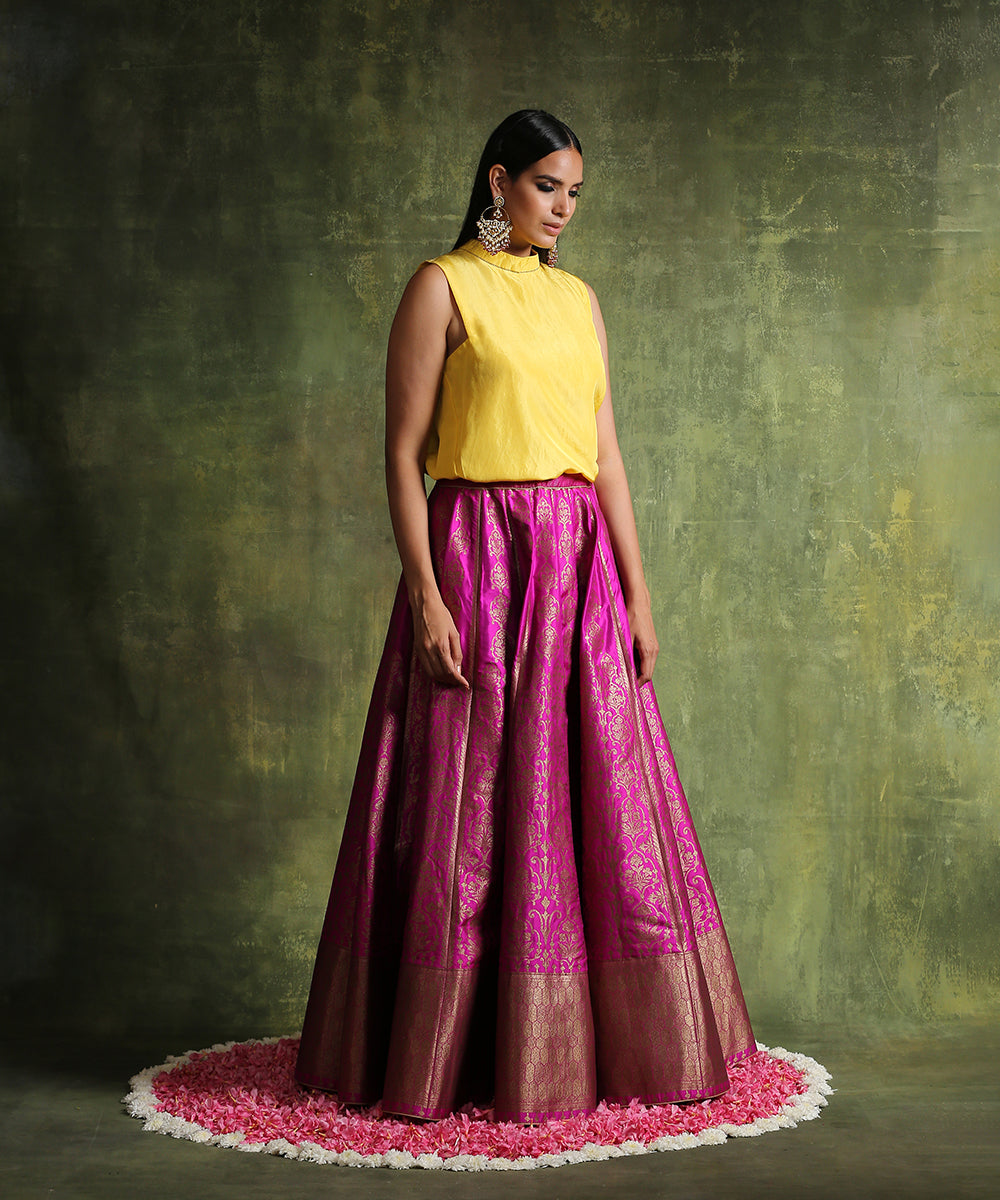 Hot_Pink_Handloom_Pure_Katan_Silk_Banarasi_Skirt_With_Antique_Zari_And_Yellow_Pure_Habutai_Silk_Top_WeaverStory_01