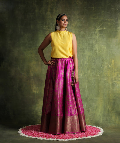 Hot_Pink_Handloom_Pure_Katan_Silk_Banarasi_Skirt_With_Antique_Zari_And_Yellow_Pure_Habutai_Silk_Top_WeaverStory_02