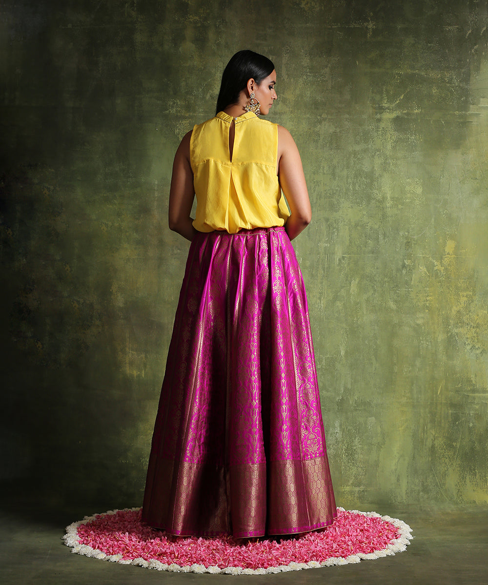 Hot_Pink_Handloom_Pure_Katan_Silk_Banarasi_Skirt_With_Antique_Zari_And_Yellow_Pure_Habutai_Silk_Top_WeaverStory_03