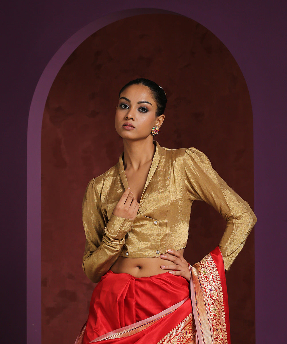 Handcrafted_Assymetrical_Collared_V-_Neck_Golden_Tissue_Blouse_WeaverStory_01