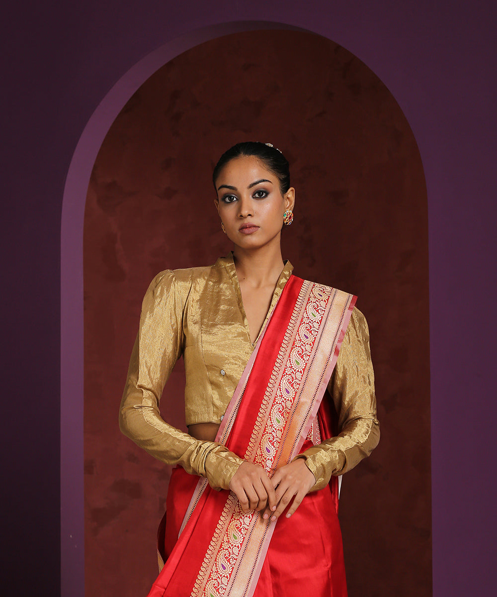 Handcrafted_Assymetrical_Collared_V-_Neck_Golden_Tissue_Blouse_WeaverStory_02