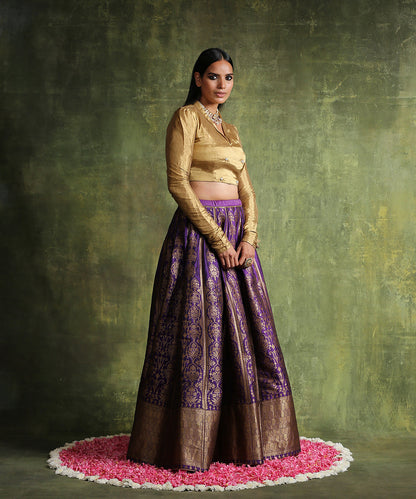 Purple_Handloom_Pure_Katan_Silk_Banarasi_Skirt_With_Antique_Zari_And_Pure_Chanderi_Silk_Tissue_Top_WeaverStory_01