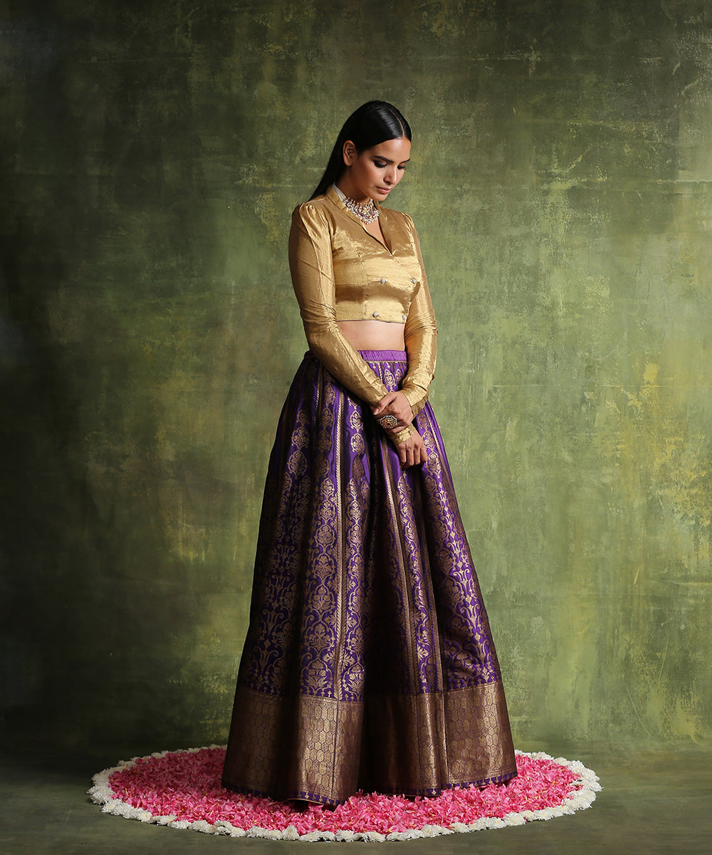Purple_Handloom_Pure_Katan_Silk_Banarasi_Skirt_With_Antique_Zari_And_Pure_Chanderi_Silk_Tissue_Top_WeaverStory_02