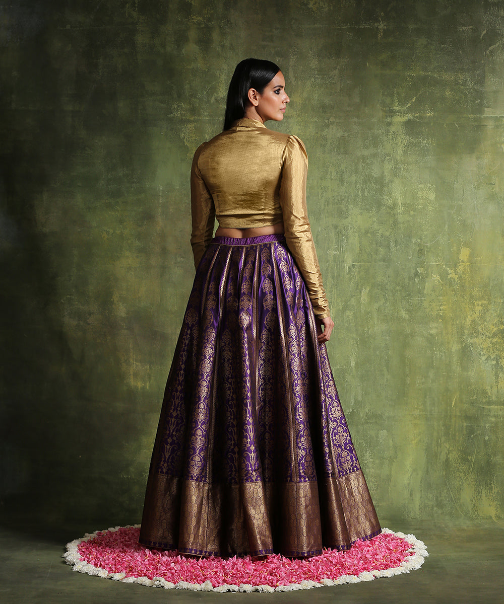 Purple_Handloom_Pure_Katan_Silk_Banarasi_Skirt_With_Antique_Zari_And_Pure_Chanderi_Silk_Tissue_Top_WeaverStory_03
