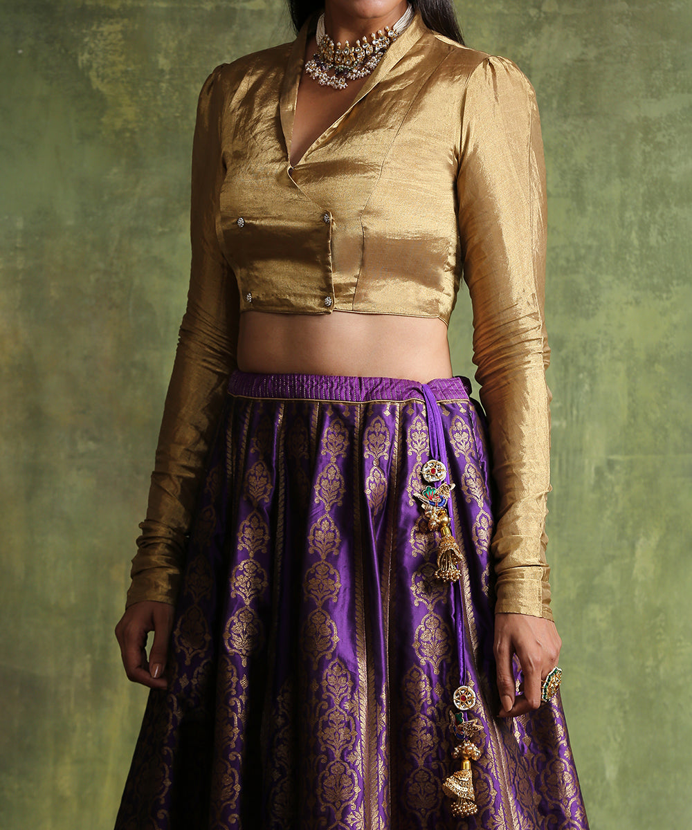 Purple_Handloom_Pure_Katan_Silk_Banarasi_Skirt_With_Antique_Zari_And_Pure_Chanderi_Silk_Tissue_Top_WeaverStory_04