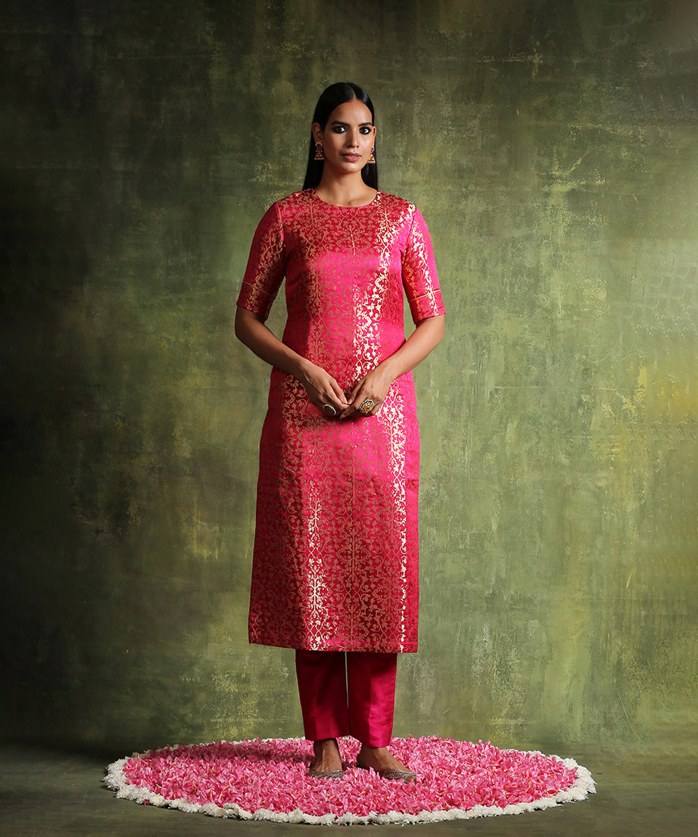 Hot_Pink_Handloom_Pure_Katan_Silk_Banarasi_Brocade_Kurta_With_Straight_Raw_Silk_Pants_WeaverStory_02