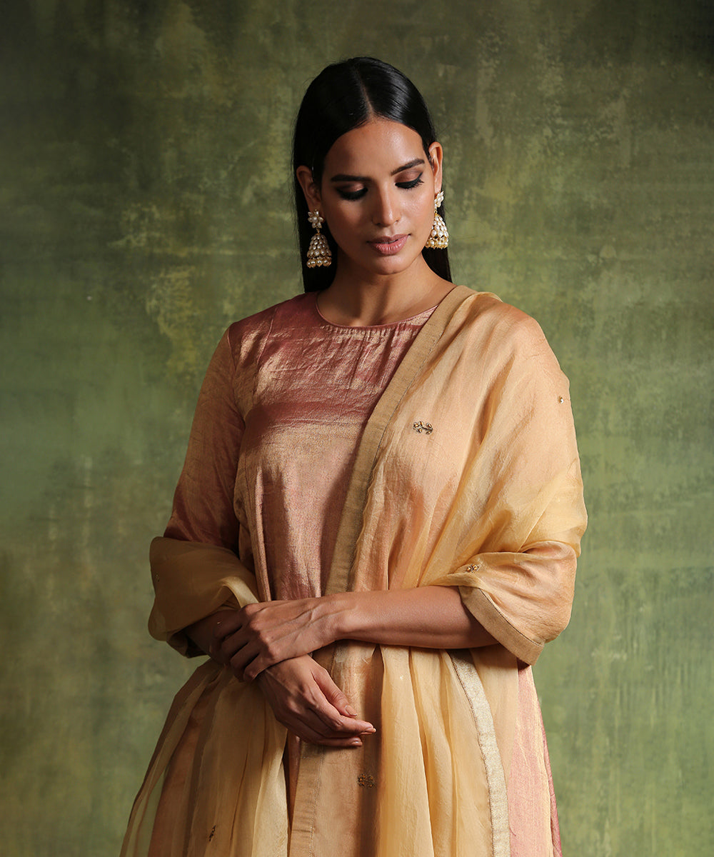 Rose_Gold_Pure_Chanderi_Tissue_Suit_With_Straight_Pants_And_Hand_Embroidered_Organza_Dupatta_WeaverStory_01