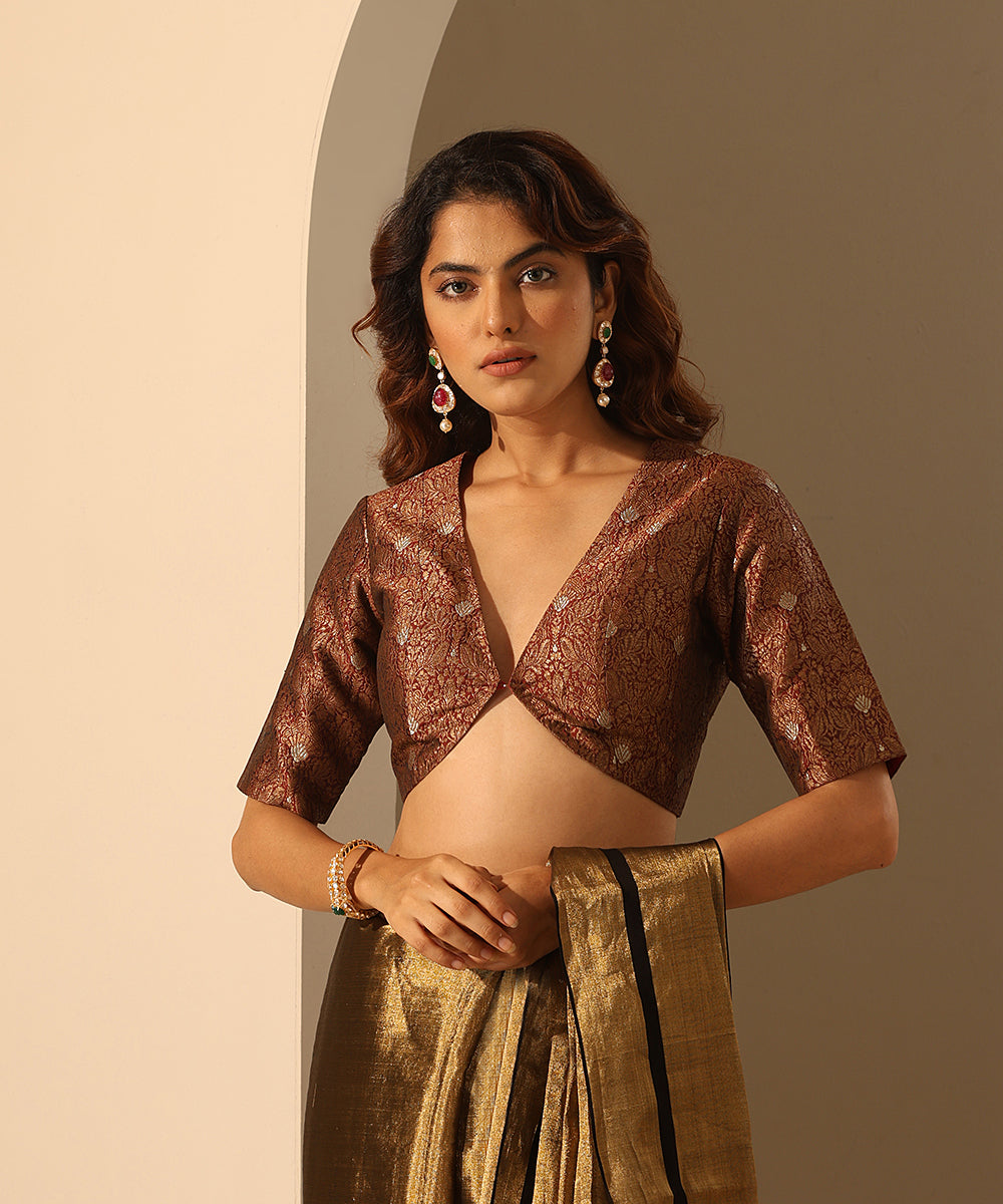 Brown_Stitched_Brocade_Blouse_With_Contrast_Lining_WeaverStory_02