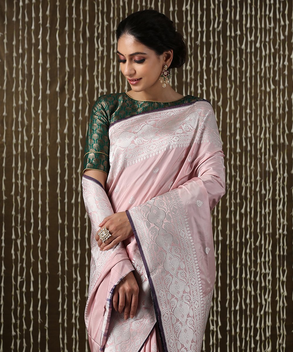 Pink_Handloom_Pure_Katan_Silk_Banarasi_Saree_With_Silver_Zari_and_Booti_Design_WeaverStory_01