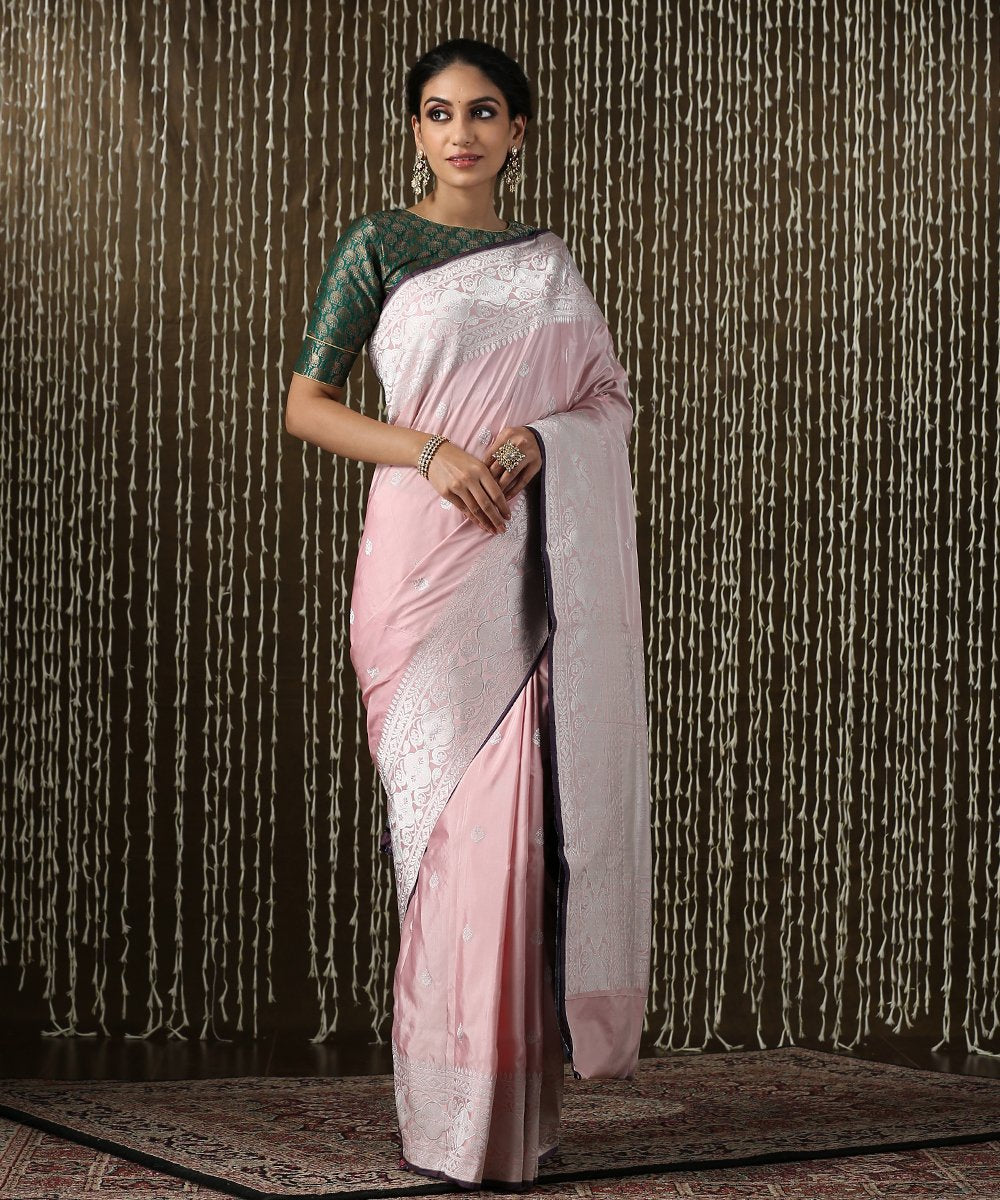 Buy Swtantra Pink Linen Saree With Silver Border And Unstitched Blouse  online