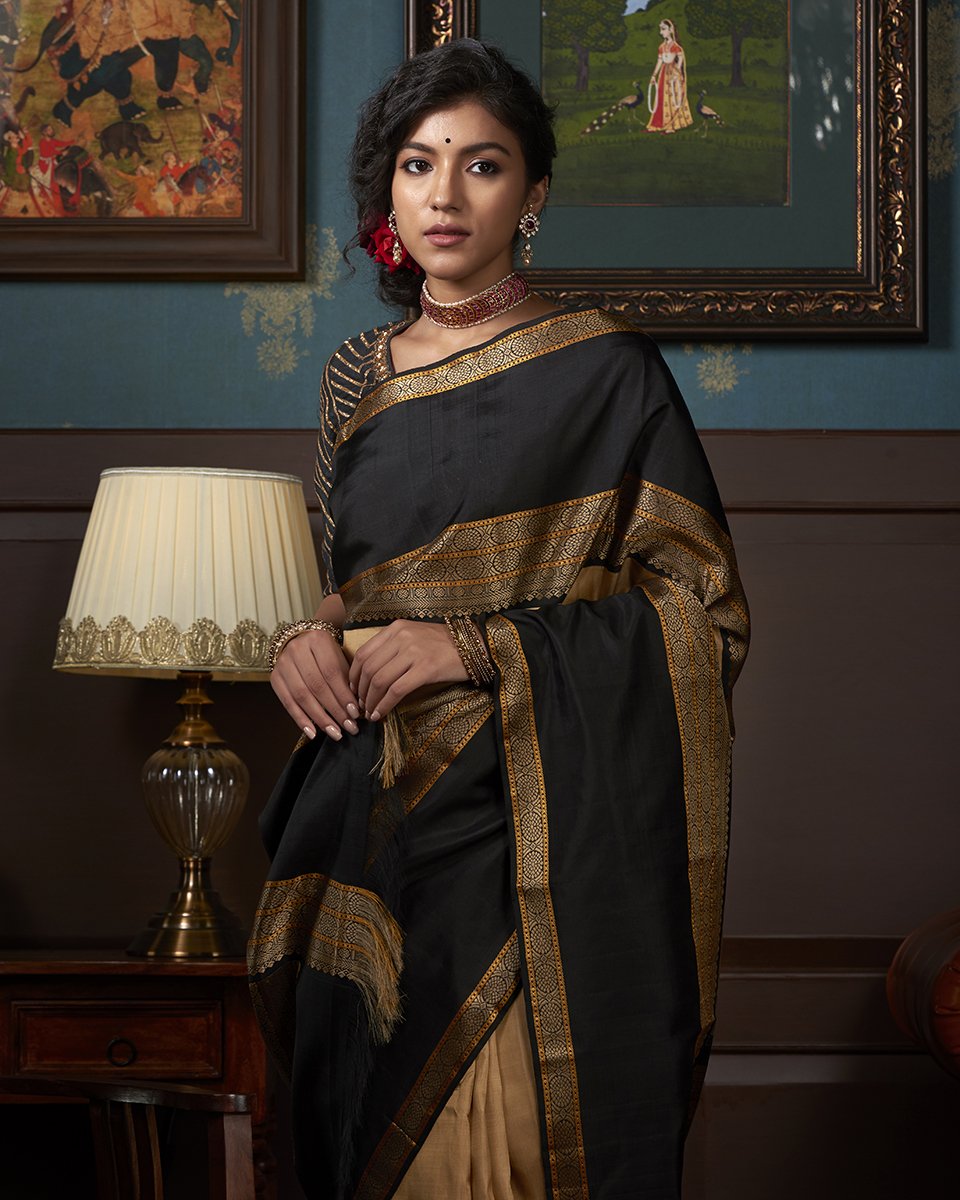 Beige Embellished Silk Saree