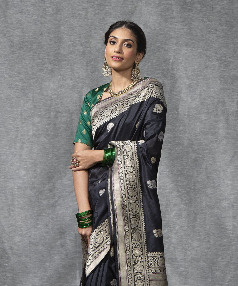 Black_Handloom_Katan_Silk_Kadhwa_Banarasi_Saree_with_Floral_Boota_WeaverStory_01