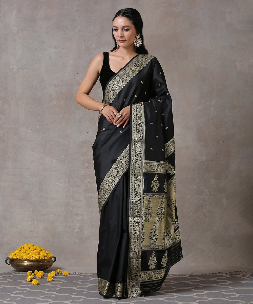 Black Stripe Katan Silk Handloom Banarasi Saree | Elegant party dresses,  Banarasi sarees, Saree look