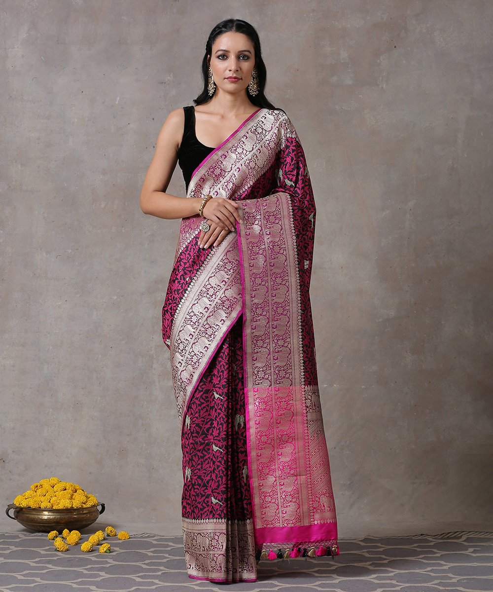 Black_and_Pink_Handloom_Pure_Katan_Silk_Banarasi_Saree_with_Meenakari_Tanchoi_and_Big_Shikargah_Border_WeaverStory_01