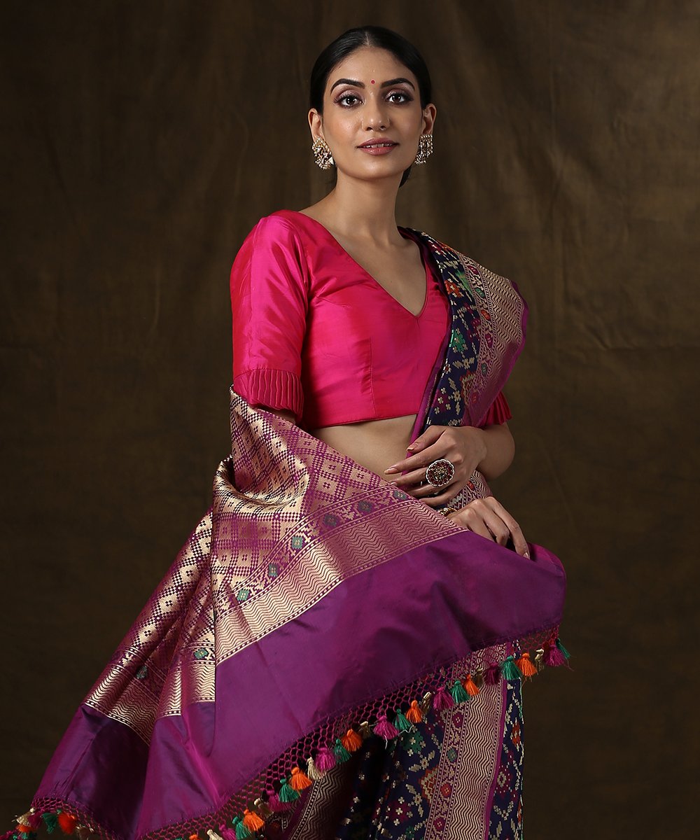 Blue_Handloom_Banarasi_Patola_Saree_With_Purple_Border_WeaverStory_01