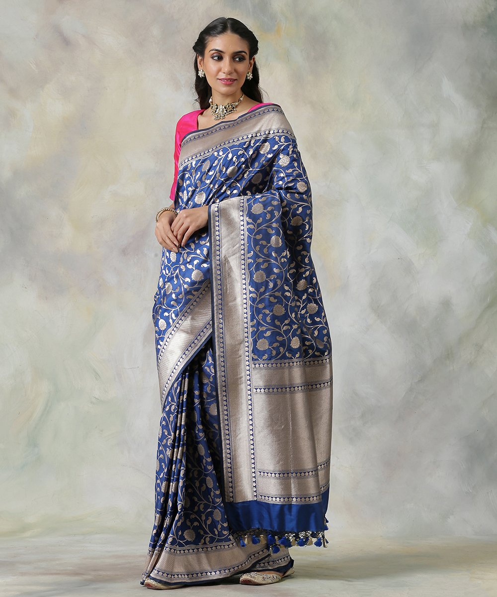 Blue_Handloom_Pure_Katan_Silk_Banarasi_Saree_with_Floral_Jaal_WeaverStory_02