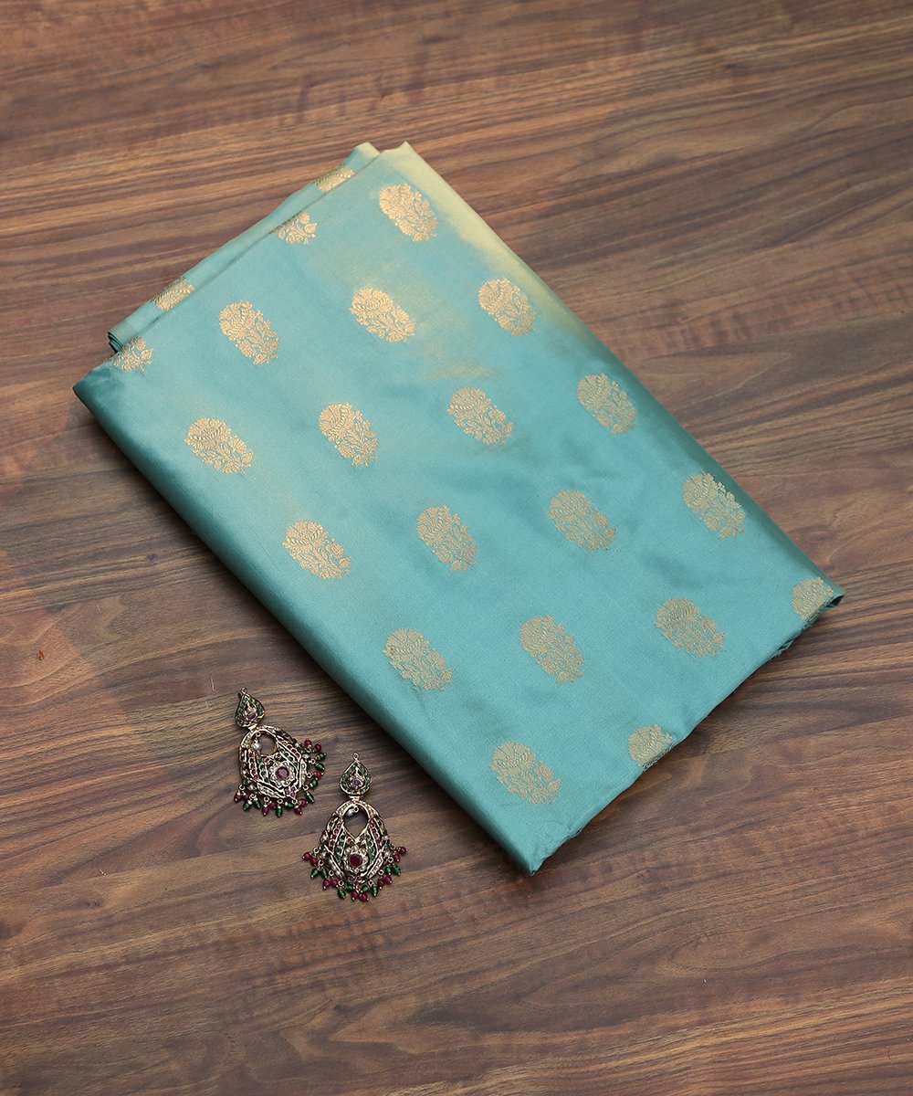 Blue_Handloom_Pure_Katan_Silk_Banarasi_Fabric_with_Booti_WeaverStory_01