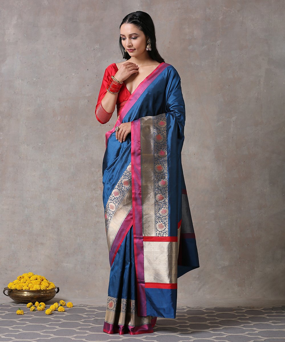 Blue_Handloom_Pure_Katan_Silk_Plain_Banarasi_Saree_With_Floral_Border_WeaverStory_02