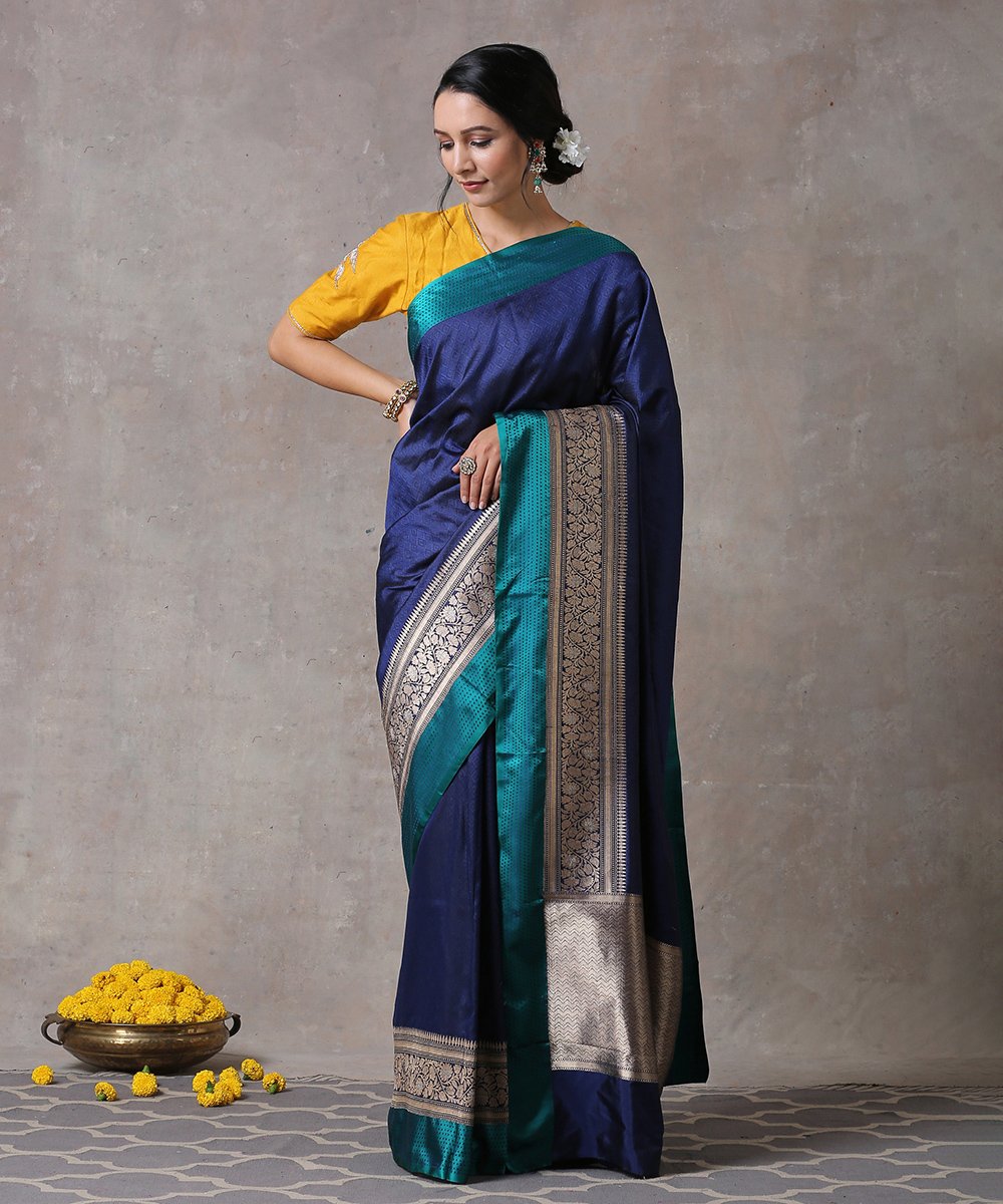 Blue_Handloom_Pure_Katan_Silk_Tanchoi_Banarasi_Saree_With_Teal_Border_WeaverStory_01
