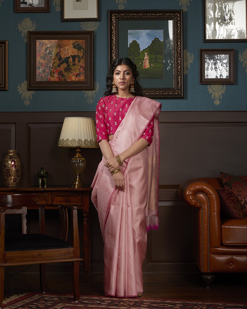 Dusty Pink Saree In Shimmer Lycra And Contrasting Blue Embellished Blouse  Online - Kalki Fashion | Pink saree blouse, Embellished blouse, Stylish  sarees