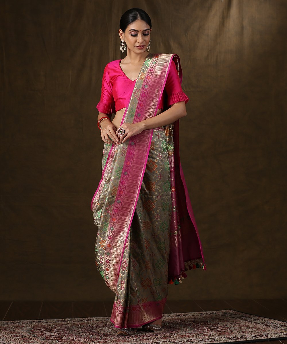 Brown_Handloom_Banarasi_Patola_Saree_With_Purple_Border_WeaverStory_02