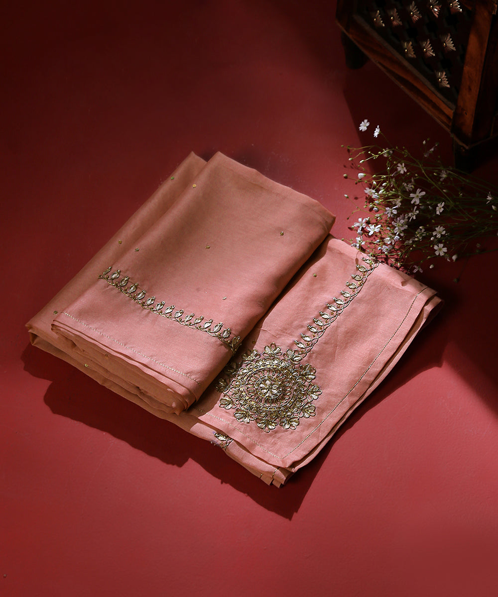 Handloom Pink Chanderi Silk Dupatta With Hand Embroidery