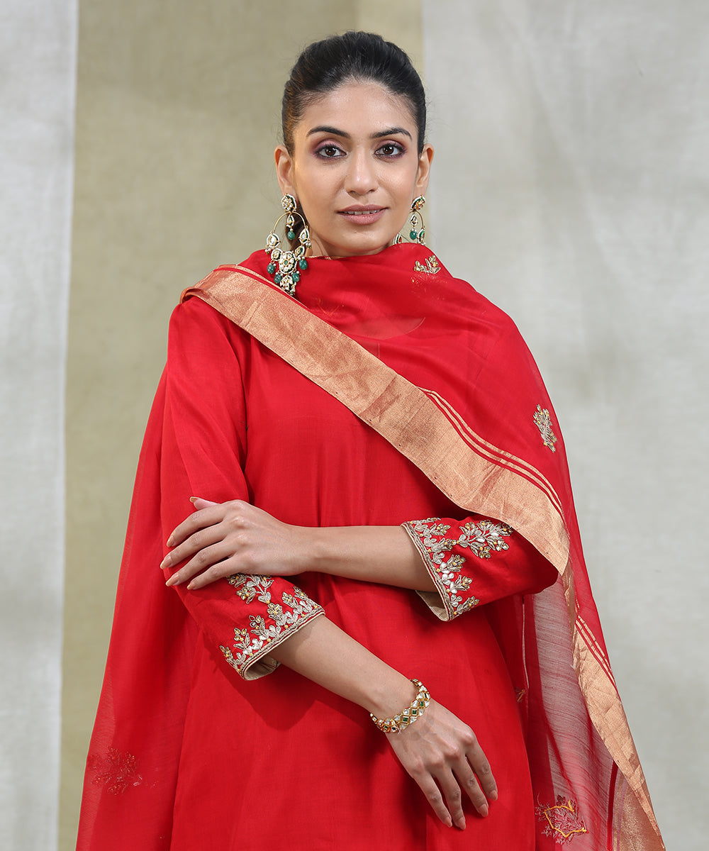 Handloom_Red_Chanderi_Silk_Kurta_With_Mustard_Pants_Stitched_Suit_Set_With_Dupatta_WeaverStory_02