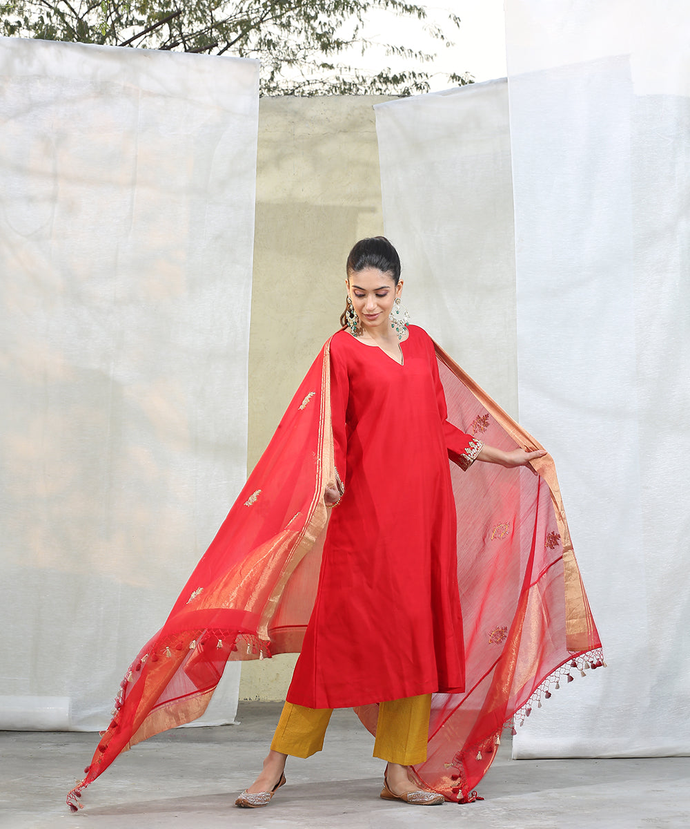 Handloom_Red_Chanderi_Silk_Kurta_With_Mustard_Pants_Stitched_Suit_Set_With_Dupatta_WeaverStory_01