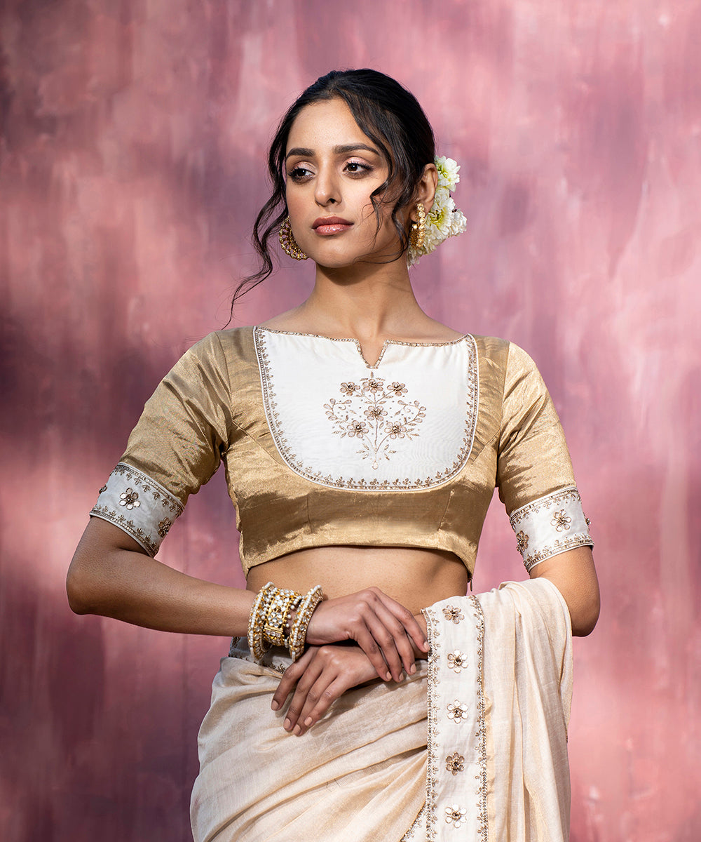 Golden_Hand_Embroidered_Tissue_And_Chanderi_Silk_Blouse_With_Gota_Patti_WeaverStory_02