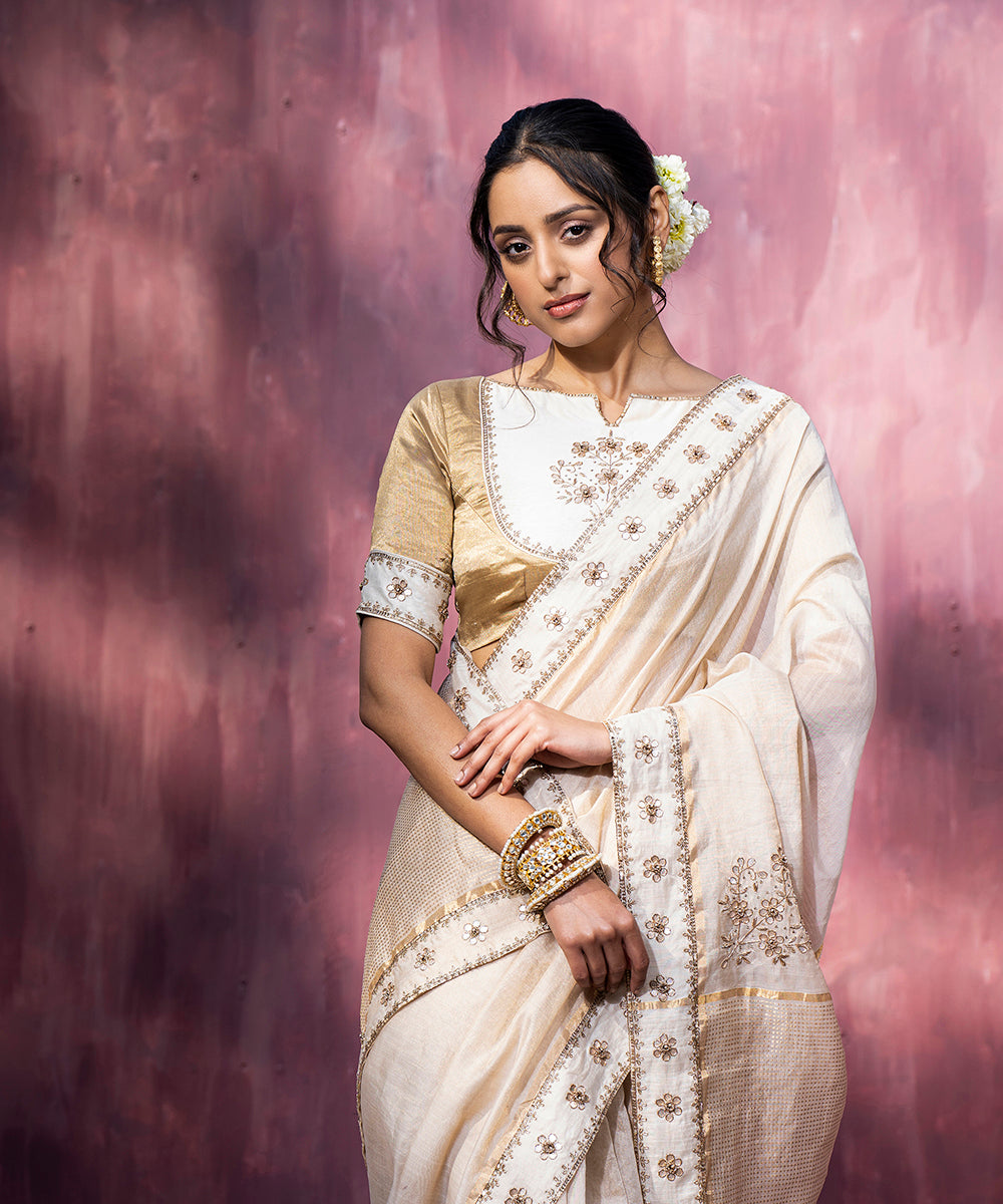 Offwhite Handloom Chanderi Saree With Gota Patti And Hand Embroidery WeaverStory