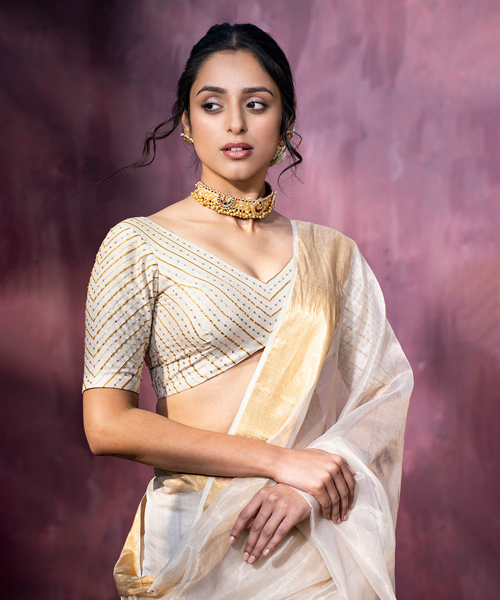 Handloom_Offwhite_chanderi_Silk_Hand_Embroidered_Gota_Patti_Blouse_With_V_neck_WeaverStory_01