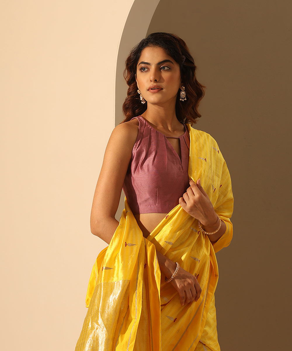 Mauve_Handloom_Chanderi_Blouse_With_Pleated_Style_WeaverStory_01