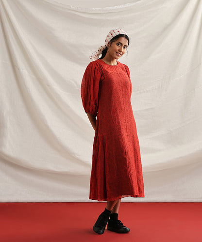 Cribbage-_Red_Handloom_Pure_Chanderi_Silk_Handblock_Printed_Dress_With_Gathered_Sleeve_WeaverStory_03