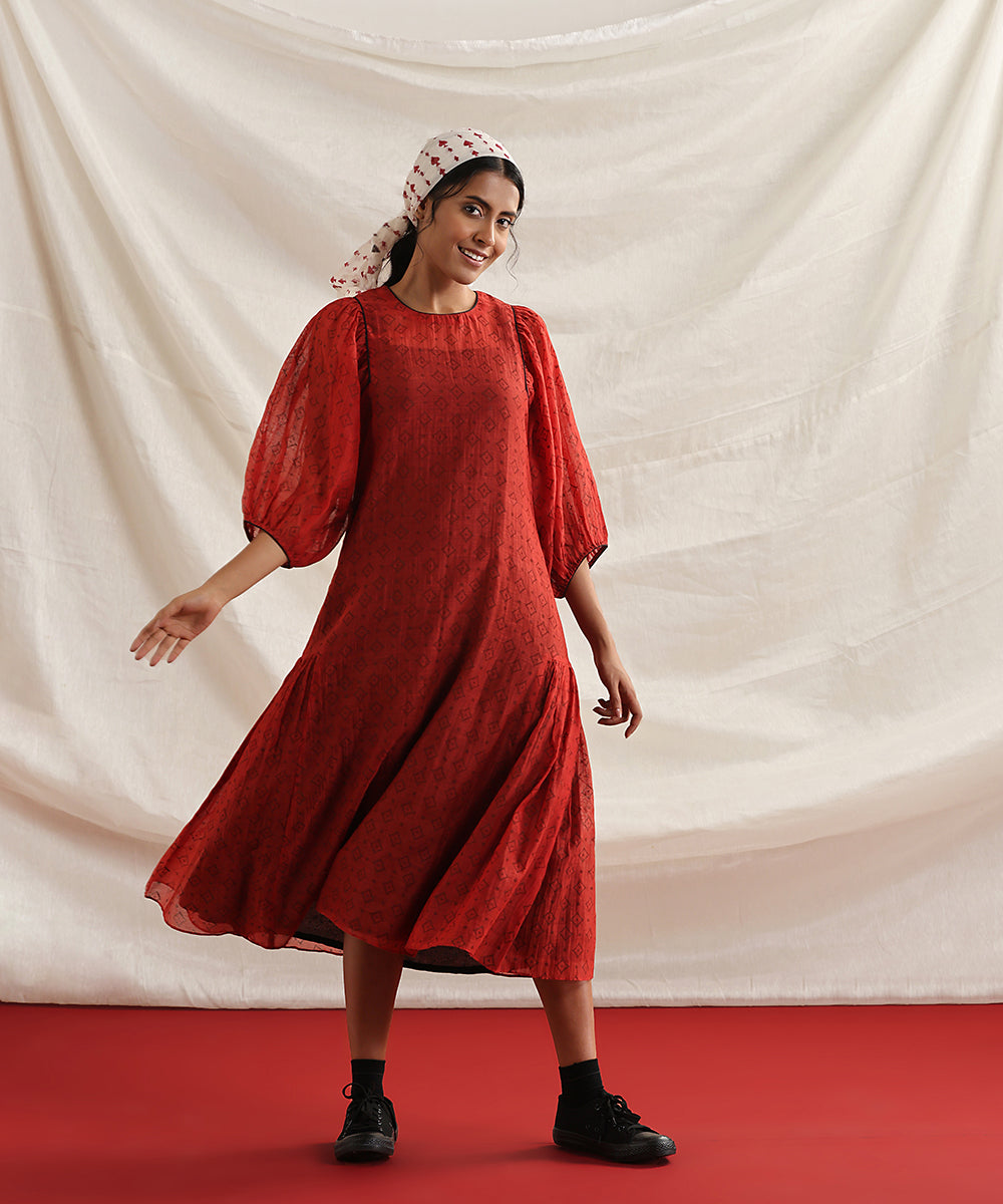 Cribbage-_Red_Handloom_Pure_Chanderi_Silk_Handblock_Printed_Dress_With_Gathered_Sleeve_WeaverStory_04