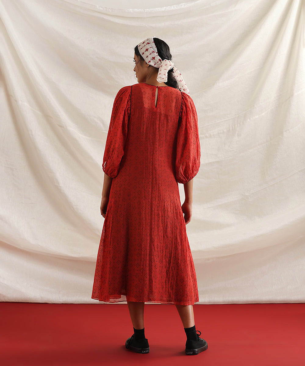 Cribbage-_Red_Handloom_Pure_Chanderi_Silk_Handblock_Printed_Dress_With_Gathered_Sleeve_WeaverStory_05