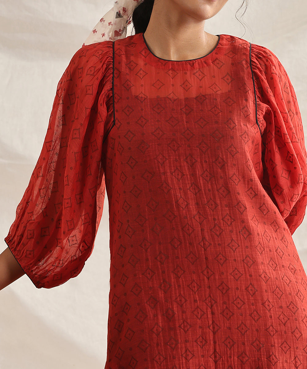 Cribbage-_Red_Handloom_Pure_Chanderi_Silk_Handblock_Printed_Dress_With_Gathered_Sleeve_WeaverStory_06