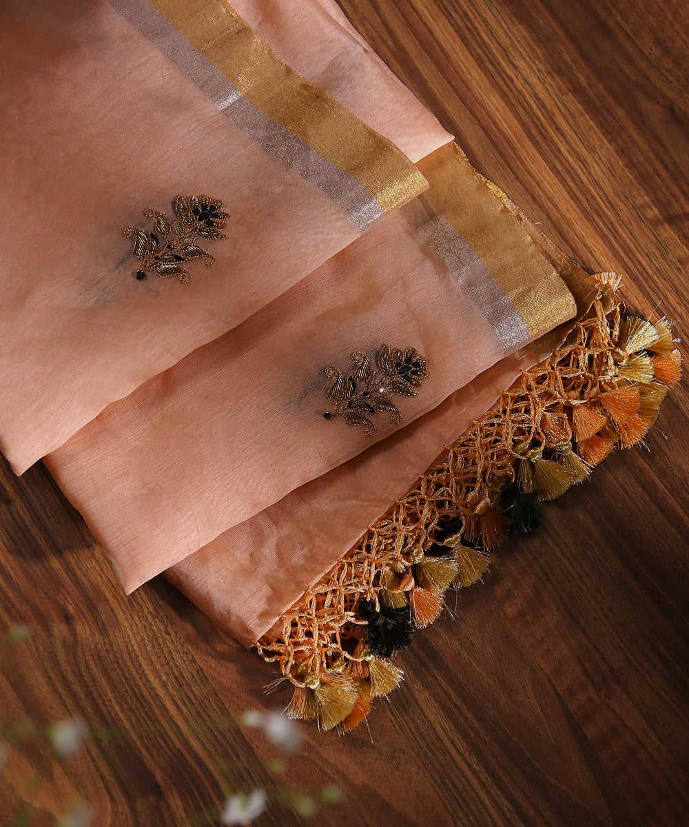 Hand_embroidered_Peach_Chanderi_Silk_Dupatta_with_Floral_Zardozi_Boota_WeaverStory_01