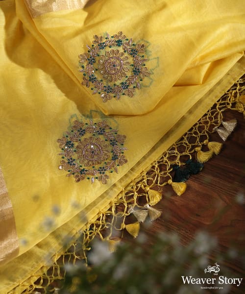 Yellow_Hand_embroidered_Chanderi_Silk_Dupatta_with_Zardozi_Booti_WeaverStory_01