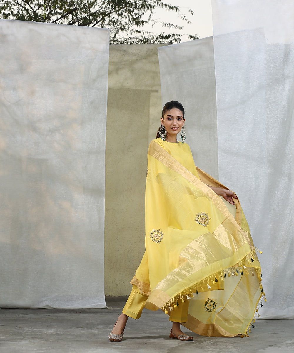 Yellow_Handloom_Chanderi_Silk_Fully_Stitched_Suit_Set_With_Sheer_Dupatta_WeaverStory_01